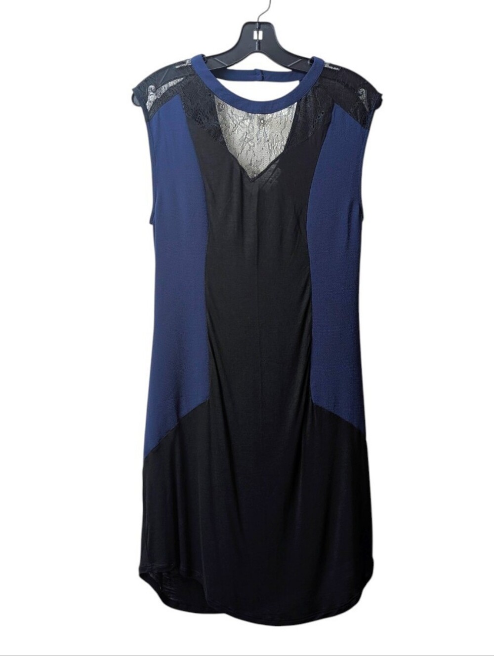 LAmade Lace Mixed Media Fabric Color Block Tunic Dress Black Blue Size Medium